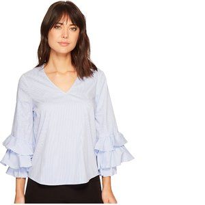 Ivanka Trump Ruffle Bell Sleeve Pin Stripe V Neck Shirt